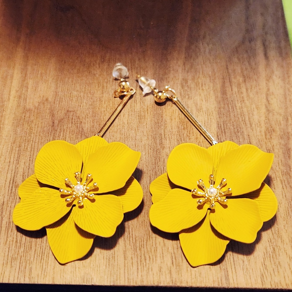 Yellow Matte Floral Drop Earrings Gold Tone Bar Faux Pearl Statement Dangle